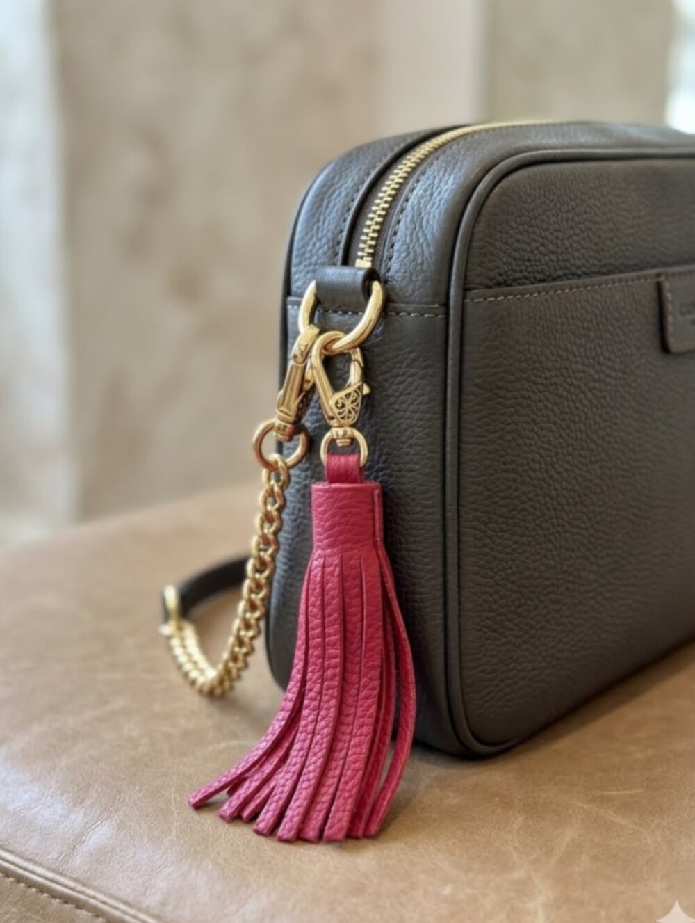 Pink Red Faux Leather Tassel Keychain Charm with Gold Hardware
